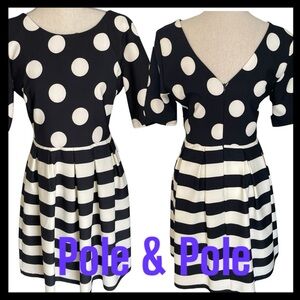 Pole & Pole Black/White Polka Dot and Stripe Fit and Flare Dress (S)